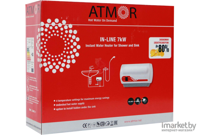 Проточный водонагреватель Atmor In-Line 7 кВт душ