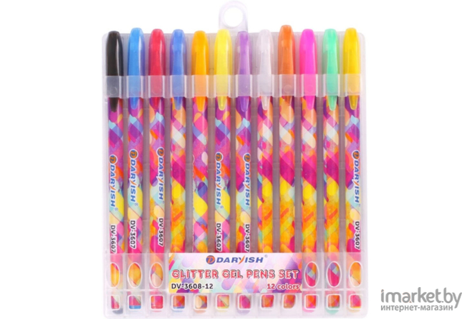 Ручка гелевая Darvish набор 12цв с блестками в пластиковом пенале + европодвес [DV-3608-12]
