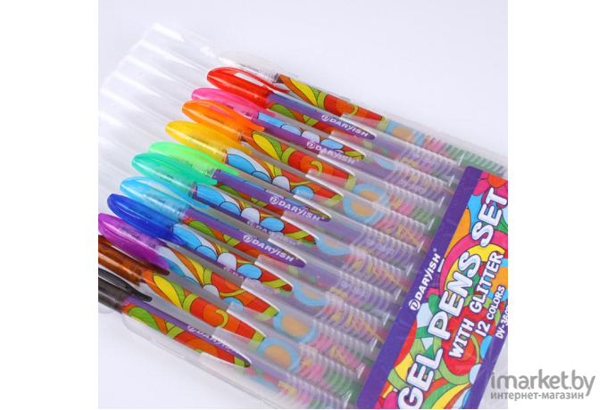 Ручка гелевая Darvish набор 12цв с блестками в пластиковом пенале + европодвес [DV-3607-12]