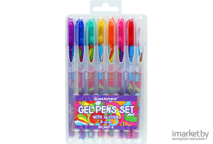 Ручка гелевая Darvish набор 8цв с блестками в пластиковом пенале + европодвес [DV-3607-8]